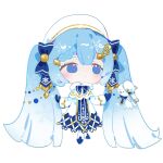  1girl animal beret blue_bow blue_dress blue_hair blue_mittens blue_tabard boots bow braid capelet chibi chinese_commentary christmas_lights commentary dress french_braid full_body fur-trimmed_capelet fur_trim gold_trim gradient_hair hair_ornament hat hatsune_miku indai_(3330425) light_blue_hair looking_to_the_side multicolored_hair musical_note musical_note_hair_ornament outstretched_arms rabbit rabbit_yukine simple_background snowflake_print twintails vocaloid white_background white_capelet white_dress white_hair white_headwear yuki_miku 
