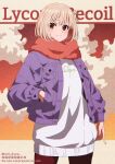  1girl aoi_suzu blonde_hair brown_pantyhose casual closed_mouth coat commentary_request cowboy_shot hand_in_pocket highres long_sleeves looking_at_viewer lycoris_recoil nishikigi_chisato open_clothes open_coat pantyhose purple_coat red_eyes red_scarf scarf short_hair smile solo sweater white_sweater winter_clothes 