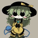  animal black_cat black_eyes black_headwear blush buttons cat chibi crossed_arms diamond_(shape) diamond_button green_hair green_skirt hat highres holding holding_animal holding_cat komeiji_koishi long_hair ribbon shirt simple_background skirt smile third_eye touhou yellow_eyes yellow_ribbon yellow_shirt zunusama 