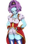  1girl blue_collar blue_eyes blue_skin breasts collar colored_skin dragon_ball dragon_ball_heroes dreadlocks eyelashes fingerless_gloves gloves hands_on_hips jewelry medium_breasts necklace pointy_ears puffy_short_sleeves puffy_sleeves purple_hair red_skirt rom_(20) short_sleeves skirt solo thigh-highs 