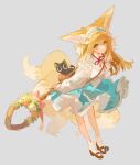 1girl animal_ears arknights black_cat blonde_hair blue_hairband blue_skirt brown_footwear cardigan cat fox_ears fox_girl fox_tail frilled_hairband frills full_body green_eyes grey_background hair_down hairband highres holding holding_staff kitsune leaning_forward long_hair long_sleeves looking_at_viewer luoxiaohei multicolored_hair multiple_tails neck_ribbon official_alternate_costume open_cardigan open_clothes red_ribbon ribbon satsuya shirt simple_background skirt socks solo staff standing streaked_hair suzuran_(arknights) suzuran_(spring_praise)_(arknights) tail the_legend_of_luo_xiaohei weapon_behind_back white_cardigan white_hair white_shirt white_socks