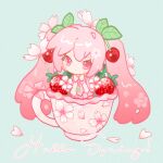  1girl absurdly_long_hair cherry_blossoms cherry_hair_ornament chibi commentary cup english_commentary food food-themed_hair_ornament fruit grin hair_ornament hatsune_miku in_container in_cup indai_(3330425) leaf_hair_ornament long_hair oversized_food oversized_object pink_eyes pink_hair sakura_miku smile solo strawberry v-shaped_eyebrows very_long_hair vocaloid 