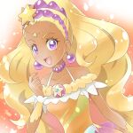  amamiya_elena bare_shoulders bead_choker blonde_hair breasts choker collarbone cure_soleil dress earrings gradient gradient_background hair_ornament highres iri jewelry looking_at_viewer magical_girl mole mole_under_eye open_mouth orange_background orange_dress precure purple_choker small_breasts star_(symbol) star_color_pen star_hair_ornament star_twinkle_precure upper_body violet_eyes 