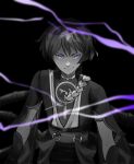  1boy arm_armor bangs belt black_background closed_mouth english_commentary evil_smile genshin_impact greyscale hair_between_eyes highres jewelry looking_at_viewer magic mandarin_collar monochrome necklace no_headwear r_oci_0 scaramouche_(genshin_impact) shirt short_hair short_sleeves shorts simple_background smile solo standing teeth v-shaped_eyebrows 