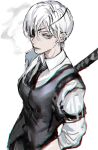  1girl absurdres black_necktie chainsaw_man cigarette formal highres katana long_hair looking_at_viewer necktie quanxi_(chainsaw_man) simple_background smoke smoking solo suit sword weapon white_background white_hair 
