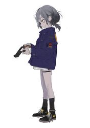  1girl absurdres blue_jacket from_side grey_hair gun handgun highres holding holding_gun holding_weapon jacket solo weapon white_background yellow_eyes zhayoulu 