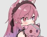  1girl animal_ears cat_ears doll heterochromia holding holding_doll indie_virtual_youtuber maid_headdress mikeneko_(utaite) niconico pink_hair red_eyes sakana_(saka11205) solo stuffed_animal stuffed_cat stuffed_toy upper_body violet_eyes virtual_youtuber 