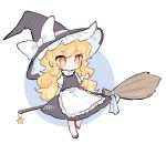  1girl apron bangs black_footwear black_headwear black_skirt blonde_hair blush bow braid broom chibi commentary_request full_body hair_bow hat hat_bow holding holding_broom kirisame_marisa long_hair m_(m073111) no_mouth puffy_short_sleeves puffy_sleeves shirt short_sleeves single_braid skirt solo star_(symbol) touhou turtleneck waist_apron white_apron white_bow white_shirt witch_hat yellow_eyes 