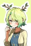  1girl alternate_hair_length alternate_hairstyle antlers blush braid braided_bangs branch ceres_fauna ddolbang green_hair hair_ornament highres hololive hololive_english looking_at_viewer mole multicolored_hair shirt short_hair smile solo sweater virtual_youtuber yellow_eyes 