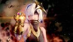  1girl amane_kanata bangs blue_hair colored_inner_hair cosplay gauntlets grey_hair highres hololive infinity_gauntlet infinity_gems marvel multicolored_hair parus_p short_hair smile smoke solo streaked_hair thanos thanos_(cosplay) violet_eyes virtual_youtuber 