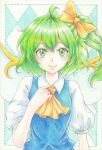  1girl ahoge argyle argyle_background ascot bangs border bow closed_mouth colored_pencil_(medium) daiyousei fairy_wings green_eyes green_hair hair_bow kudami_rido looking_at_viewer medium_hair puffy_short_sleeves puffy_sleeves short_hair short_sleeves side_ponytail smile solo touhou traditional_media upper_body white_border wings yellow_ascot yellow_bow 