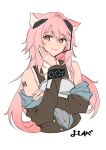  1girl :3 animal_ears arknights armor artist_name barcode barcode_tattoo bare_shoulders breastplate brown_jacket earpiece gravel_(arknights) highres jacket long_hair looking_at_viewer mouse_ears off_shoulder open_clothes open_jacket pink_eyes pink_hair shoulder_tattoo simple_background smile solo tattoo upper_body very_long_hair white_background yoshiga 