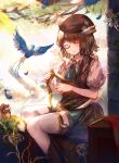  1girl absurdres beret bird blue_bird brown_hair closed_eyes commentary_request fairy feathers harp hat hat_feather highres instrument kita_(kitairoha) monocle music original playing_instrument sitting smile solo thigh-highs white_thighhighs 