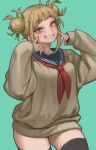  1girl absurdres bangs black_sailor_collar black_thighhighs blonde_hair blue_sailor_collar blunt_bangs blush boku_no_hero_academia breasts brown_cardigan cardigan cowboy_shot double_bun green_background grin hair_bun hands_up highres lentiyay long_sleeves looking_at_viewer messy_hair narrowed_eyes neckerchief red_neckerchief sailor_collar school_uniform serafuku sidelocks simple_background smile solo teeth thigh-highs toga_himiko yellow_eyes zettai_ryouiki 