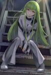  1girl bangs bodysuit brown_eyes c.c. closed_mouth code_geass full_body green_hair hair_between_eyes head_tilt ksr_oid long_hair long_sleeves looking_at_viewer night outdoors shiny shiny_hair sitting sleeves_past_wrists smile solo straight_hair very_long_hair white_bodysuit white_footwear zipper 
