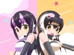  2girls african_penguin_(kemono_friends) animal_costume animal_hood bare_shoulders black_hair closed_mouth elbow_gloves gloves headphones hood humboldt_penguin_(kemono_friends) kemono_friends kemono_friends_v_project long_hair looking_at_viewer microphone multicolored_hair multiple_girls open_mouth penguin_costume penguin_girl penguin_hood purple_hair shirt short_hair simple_background sleeveless sleeveless_shirt smile straight_hair unihulu virtual_youtuber white_hair yellow_eyes 