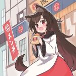  1girl animal_ear_fluff animal_ears baroguramura brown_eyes building dress fang flag food holding holding_food imaizumi_kagerou long_hair looking_at_viewer lowres open_mouth outdoors red_dress red_eyes solo tail touhou two-tone_dress white_dress wolf_ears wolf_girl wolf_tail 