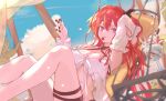  absurdres arknights arm_up breasts highres horns large_breasts lolifreak long_hair looking_at_viewer redhead self_upload solo surtr_(arknights) surtr_(colorful_wonderland)_(arknights) swimsuit thighs violet_eyes 