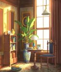  book book_stack bookshelf ceiling_light chair cup curtains day indoors no_humans original picture_frame plant potted_plant scenery table teacup urn vase window xingzhi_lv 