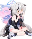  1girl absurdres animal_ears between_legs blue_archive breasts commentary_request ddog grey_hair hair_between_eyes highres id_card jacket kokona_(blue_archive) legs long_hair looking_at_viewer open_mouth shoes small_breasts solo tears white_background yellow_eyes 