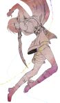  1girl absurdres armband bare_shoulders belt boots breasts cape final_fantasy final_fantasy_xiii full_body gloves gunblade hair_between_eyes highres holding holding_weapon holster lightning_farron looking_back medium_breasts medium_hair shio_ga solo thigh_holster weapon white_background 