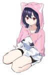  1girl absurdres animal_ears animal_hood black_hair black_shorts cat_ears cat_hood closed_mouth copyright_request fake_animal_ears full_body highres hood hood_up light_smile long_hair long_sleeves red_eyes seiza shirt short_shorts shorts simple_background sitting sleeves_past_wrists solo syhan virtual_youtuber white_background white_shirt 