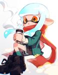  1girl absurdres black_footwear black_shorts blue_hair cup highres holding holding_cup inari1369 inkling inkling_girl light_blue_hair long_hair long_sleeves open_mouth orange_eyes red_scarf scarf shorts sitting sleeves_past_wrists solo splatoon_(series) steam tentacle_hair 