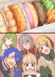  1other 2boys 2girls :d ahoge antonio_salieri_(fate) artoria_pendragon_(fate) ascot bangs black_bow black_gloves black_hair blonde_hair blue_hair blue_jacket blush bow cu_chulainn_(fate) cu_chulainn_(fate/prototype) dot_mouth doughnut earrings enkidu_(fate) fang fate/grand_order fate_(series) food food_focus formal french_cruller gareth_(fate) gloves green_eyes green_hair green_shirt grey_hair hair_between_eyes hair_bow hair_over_one_eye half_updo jacket jewelry long_hair looking_at_object low_ponytail masaki_(star8moon) medium_hair multicolored_hair multiple_boys multiple_girls open_mouth parted_lips pink_background pinstripe_pattern pinstripe_suit pon_de_ring ponytail portrait red_ascot red_eyes saber_lily shirt short_hair skin_fang smile sparkle sparkle_background streaked_hair striped suit tunic turtleneck upper_body yellow_eyes 
