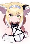  1girl :3 absurdres animal_ears arknights bare_shoulders beudelb blonde_hair blue_hairband blush braid clothing_cutout cropped_torso dress earpiece fox_ears fox_girl green_eyes grey_background hairband highres long_hair looking_at_viewer multicolored_hair portrait shoulder_cutout simple_background smile solo streaked_hair suzuran_(arknights) white_dress white_hair 