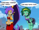  2girls blue_eyes bracelet collar colored_skin datwondoude earrings green_hair green_skin highres jewelry midriff multiple_girls pointy_ears ponytail purple_hair red_eyes rottytops shantae shantae_(series) 