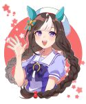  1girl animal_ears bangs bow bowtie breasts brown_hair cropped_torso ear_covers hair_bow hand_up hat highres hokko_tarumae_(umamusume) horse_ears light_blush long_hair looking_at_viewer oage_(su4i7ri_u) open_mouth puffy_short_sleeves puffy_sleeves purple_shirt sailor_collar school_uniform shirt short_sleeves small_breasts smile solo star_(symbol) tracen_school_uniform twintails umamusume upper_body violet_eyes white_background white_headwear 