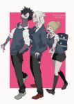  1girl 2boys ;d alternate_costume bag bags_under_eyes bangs bangs_pinned_back black_hair black_necktie black_pants black_socks blonde_hair blue_bag blue_cardigan blue_eyes blunt_bangs boku_no_hero_academia border brown_footwear burn_scar cardigan collared_shirt dabi_(boku_no_hero_academia) ear_piercing english_text eyebrows_hidden_by_hair fangs from_side full_body grey_footwear hair_between_eyes hair_bun hair_ornament hairclip half_updo hand_on_another&#039;s_shoulder highres holding_strap keychain kneehighs leaning_back leaning_forward loafers looking_at_viewer messy_hair multiple_boys naajuunaa narrowed_eyes necktie one_eye_closed open_mouth outside_border outstretched_arm pants piercing pleated_skirt red_eyes red_footwear scar scar_on_arm scar_on_neck school_bag scrunchie shigaraki_tomura shirt shoes shoulder_bag sidelocks single_hair_bun skirt sleeveless sleeveless_sweater sleeves_rolled_up smile socks spiky_hair stitches sweater toga_himiko tongue tongue_out twitter_username v walking white_border white_hair white_shirt wrist_scrunchie yellow_eyes 