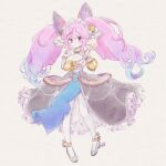  1girl bangs bell belt big_hair black_footwear blue_hair cleo_(dragalia_lost) detached_sleeves dragalia_lost full_body hair_bell hair_ornament highres holding holding_wand long_hair looking_at_viewer multicolored_hair pink_eyes pink_hair solo thigh-highs twintails very_long_hair wand youkaishain 