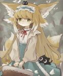  1girl absurdres animal_ears arknights basket blonde_hair blue_hairband blue_skirt brown_cardigan cardigan cowboy_shot forest fox_ears fox_girl fox_tail frilled_hairband frills green_eyes hair_down hairband heixiu high-waist_skirt highres holding holding_basket kitsune long_hair long_sleeves looking_at_viewer luoxiaohei merawo multicolored_hair multiple_tails nature neck_ribbon open_cardigan open_clothes red_ribbon ribbon shirt skirt solo streaked_hair tail the_legend_of_luo_xiaohei very_long_hair white_hair white_shirt 