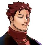  1boy beard blue_eyes boku_no_hero_academia closed_mouth commentary endeavor_(boku_no_hero_academia) facial_hair jewelry keva_(liltkeva) male_focus necklace portrait redhead scar scar_across_eye scar_on_face short_hair simple_background solo symbol-only_commentary turtleneck twitter_username white_background 