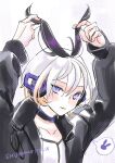  1girl arms_up artist_name black_choker black_hair black_jacket cevio choker ci_flower closed_mouth colored_tips emu_(marico_w) flower_(vocaloid) grey_hair hair_between_eyes halftone highres holding holding_hair jacket light_smile long_sleeves multicolored_hair orange_hair rabbit signature simple_background solo speech_bubble spoken_animal streaked_hair twitter_username upper_body violet_eyes vocaloid 