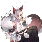  1boy :d absurdres ahoge animal_ears armband artist_name bare_shoulders black_nails fingernails hakuzousu_(onmyoji) highres japanese_clothes looking_at_viewer mask onmyoji open_mouth red_eyes simple_background sleeveless smile solo tail tattoo vuvkhkgi white_background white_hair wolf_boy wolf_ears wolf_tail 