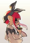  1girl bandana black_bandana black_eyes cup drink drinking_straw drinking_straw_in_mouth gradient gradient_background highres holding holding_cup inari1369 inkling inkling_girl long_hair long_sleeves redhead solo splatoon_(series) tentacle_hair 