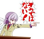  1girl ace_attorney desk grey_hair jacket kishin_sagume necktie open_mouth parody pointing red_eyes red_necktie short_hair simple_background single_wing solo touhou upper_body white_background white_jacket white_wings wings zenji029 