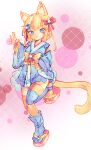  1girl absurdres animal_ears blonde_hair blue_eyes blue_kimono bow cat_ears cat_girl cat_tail chaosexceed fishnet_sleeves fishnet_thighhighs fishnet_top fishnets full_body geta hair_bow highres japanese_clothes kimono long_sleeves obi open_mouth original sash short_hair short_kimono tail thigh-highs wide_sleeves 