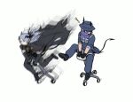  2boys arknights chair demon_horns demon_tail glasses horns immapurpledrago logos_(arknights) multiple_boys office_chair scout_(arknights) tail 