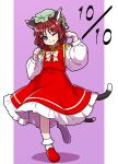  1girl ;3 animal_ears brown_hair cat_ears cat_tail chen earrings hat itani_illust jewelry mob_cap multiple_tails nekomata one_eye_closed paw_pose purple_background red_footwear shoes single_earring solo tail touhou two_tails 