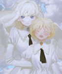  2girls albino angel angel_wings blonde_hair blue_eyes blue_sky clouds cloudy_sky collared_dress colored_eyelashes dress grintasia jewelry lace_trim multiple_girls neck_ribbon non-web_source original pendant puffy_sleeves ribbon sky white_dress wings 