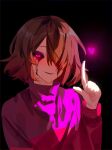  1girl betty black_eyes brown_hair choco_rabbitt from_side heart highres light looking_at_viewer pink_eyes shirt short_hair simple_background smile undertale 