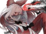  1girl arm_strap bangs black_bow bow covering_mouth feet_out_of_frame fire fujiwara_no_mokou hair_bow hand_up kiyonetto knee_up long_hair long_sleeves pants pyrokinesis red_bow red_eyes red_pants shirt smoke solo suspenders touhou two-tone_bow very_long_hair white_bow white_shirt 