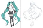  2girls absurdly_long_hair aqua_eyes aqua_hair aqua_ribbon black_footwear black_skirt boots closed_mouth collared_shirt crossed_legs detached_sleeves dual_persona flat_color floating_hair hand_up hatsune_miku_(nt) hatsune_miku_(vocaloid4) ixima knees_together_feet_apart light_blush lineart long_hair looking_at_viewer multiple_girls neck_ribbon official_art pleated_skirt ribbon see-through see-through_sleeves shirt simple_background skirt smile thigh_boots twintails unfinished v4x very_long_hair vocaloid white_background white_shirt 