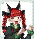  1girl :d animal_ears artist_request bangs black_bow blunt_bangs border bow braid cat_ears dress extra_ears fang frills green_dress hair_bow hands_up highres juliet_sleeves kaenbyou_rin long_sleeves looking_at_viewer neck_ribbon open_mouth paw_pose puffy_sleeves red_eyes red_ribbon redhead ribbon simple_background slit_pupils smile solo touhou twin_braids white_background 