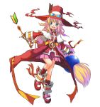  1girl absurdres bead blonde_hair blue_eyes female fingerless_gloves gloves goggles hair_bead hat highres kanatarou long_hair looking_at_viewer pril_patowle red_legwear ribbon shoes simple_background skirt smile socks solo trouble_witches very_long_hair wand white_background witch witch_hat 