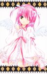  1girl angel_wings closed_mouth eyebrows_visible_through_hair female hinamori_amu one_eye_closed peach-pit pink_hair ribbon shugo_chara! solo source_request twintails wings wink yellow_eyes 