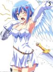  angel_wings armpits arms_up artbook asymmetrical_wings bare_shoulders blue_hair blush boots duplicate elbow_gloves gloves green_eyes highres kuuchuu_yousai miniskirt nanael panties queen&#039;s_blade queen's_blade scan short_hair skirt sword tears thighhighs underwear weapon wings yawning 